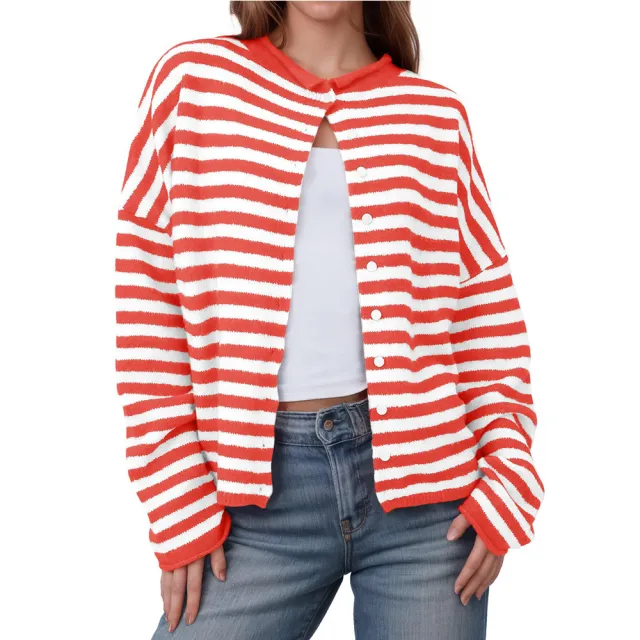 Women's Striped Contrast Color Sweater Long Sleeve Casual Cardigan Red - Shop at LoveMi
