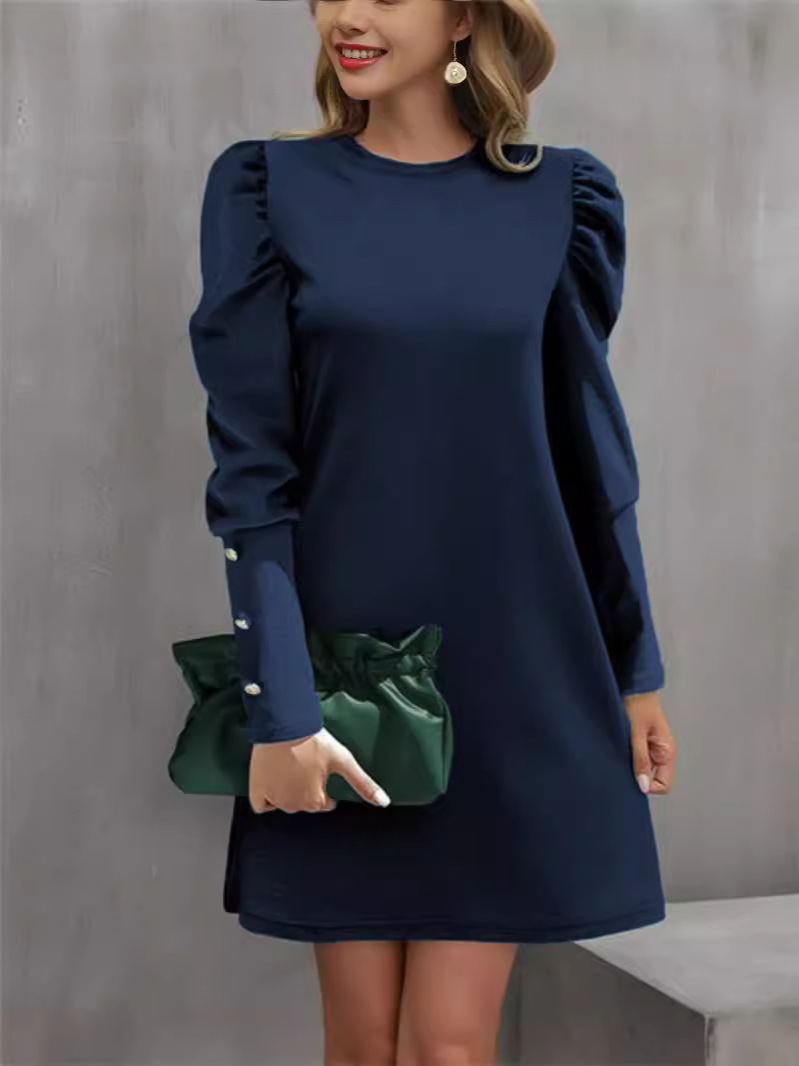 Autumn And Winter New Round Neck Bubble Sleeve Button Long Sleeve Dress Navy Blue - Shop at LoveMi