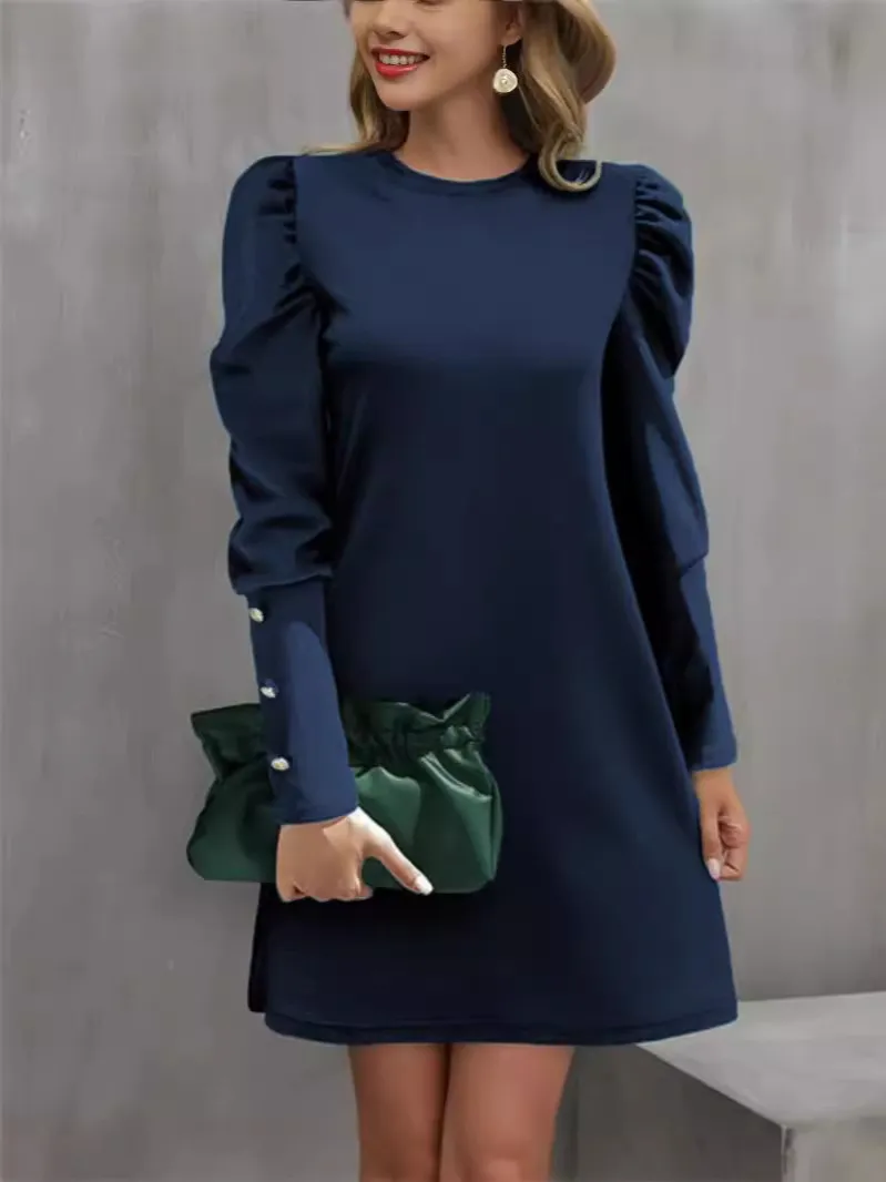 Autumn And Winter New Round Neck Bubble Sleeve Button Long Sleeve Dress - Navy Blue