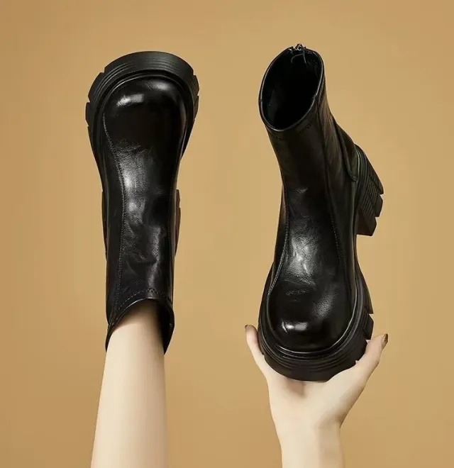 Women's New Fashionable Soft Leather Height Enhancing British Style Ankle Boots Black - Shop at LoveMi