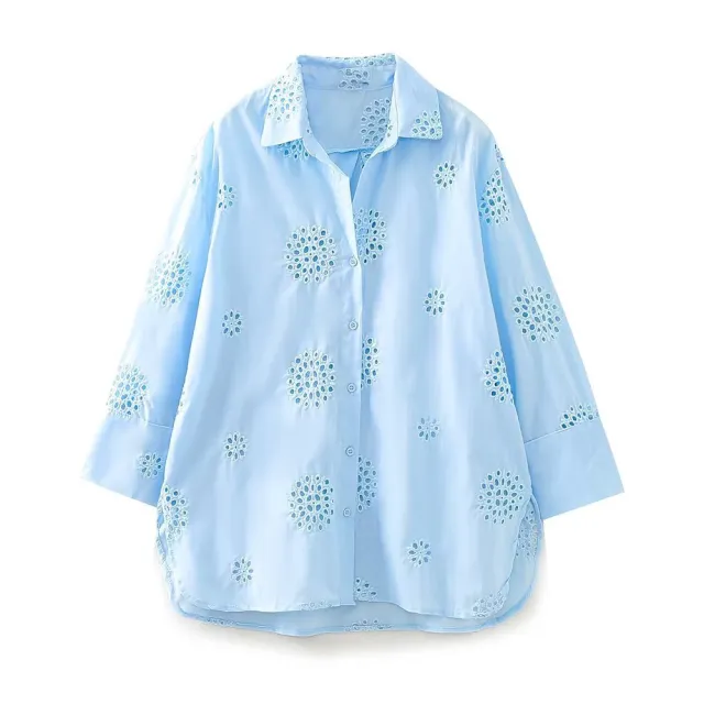 Women's Lapel Embroidery Solid Color Loose Shirt Blue - Shop at LoveMi