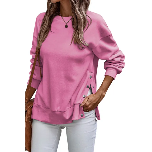 Solid Color Pullover Women's European And American Leisure Style Slit Loose Flab Hiding Long Sleeve Bathroom Lc25316883P6Color M - Shop at LoveMi