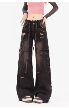 Plus Size Retro Washed Burr Damage Cargo Jeans - Black - View 1
