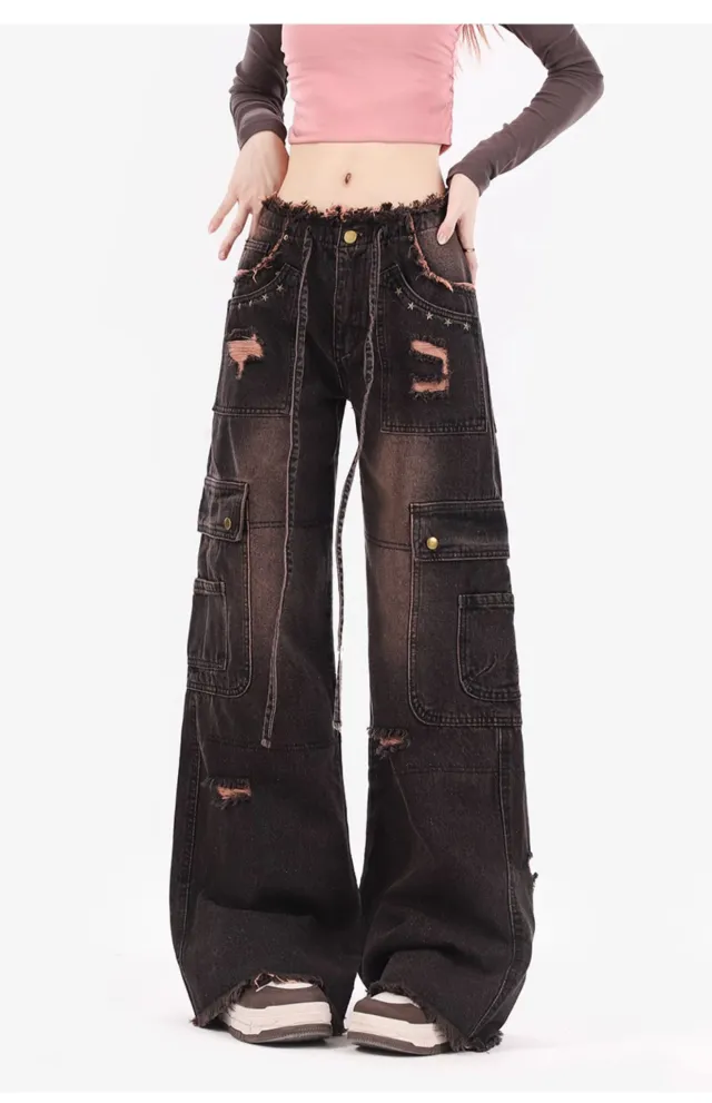 Plus Size Retro Washed Burr Damage Cargo Jeans Black - Shop at LoveMi