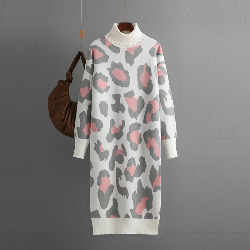 Women's Dress Fashionable Leopard Print Turtleneck Base Knitted Long Dress