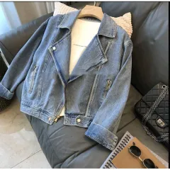 Fashion Motorcycle Lapel Long-sleeve Zipper Denim Jacket - Blue - View 1