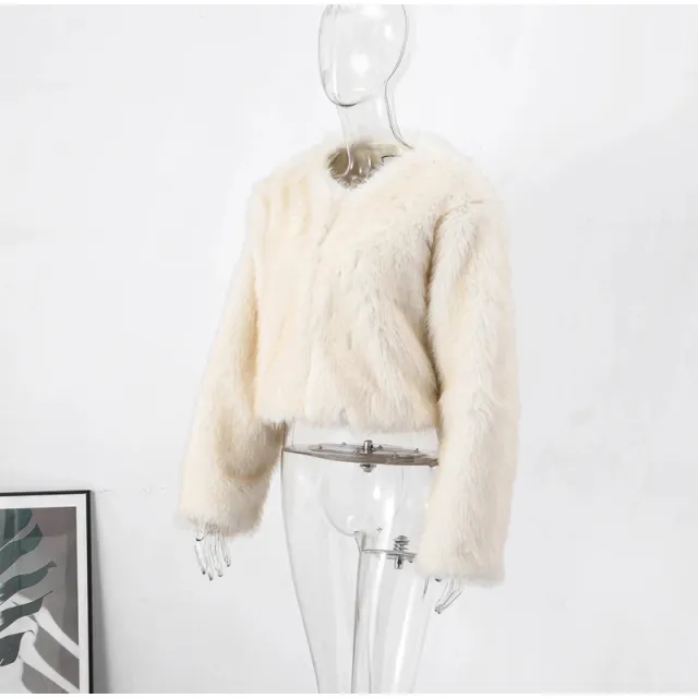 Women's Round Neck Long Sleeve Faux Fur Coat White - Shop at LoveMi