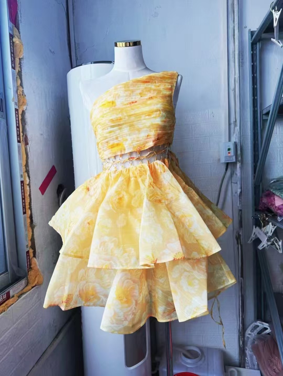 Vacation Style One-shoulder Pleated Lace-up Cutout Printed Puffy Cake Dress