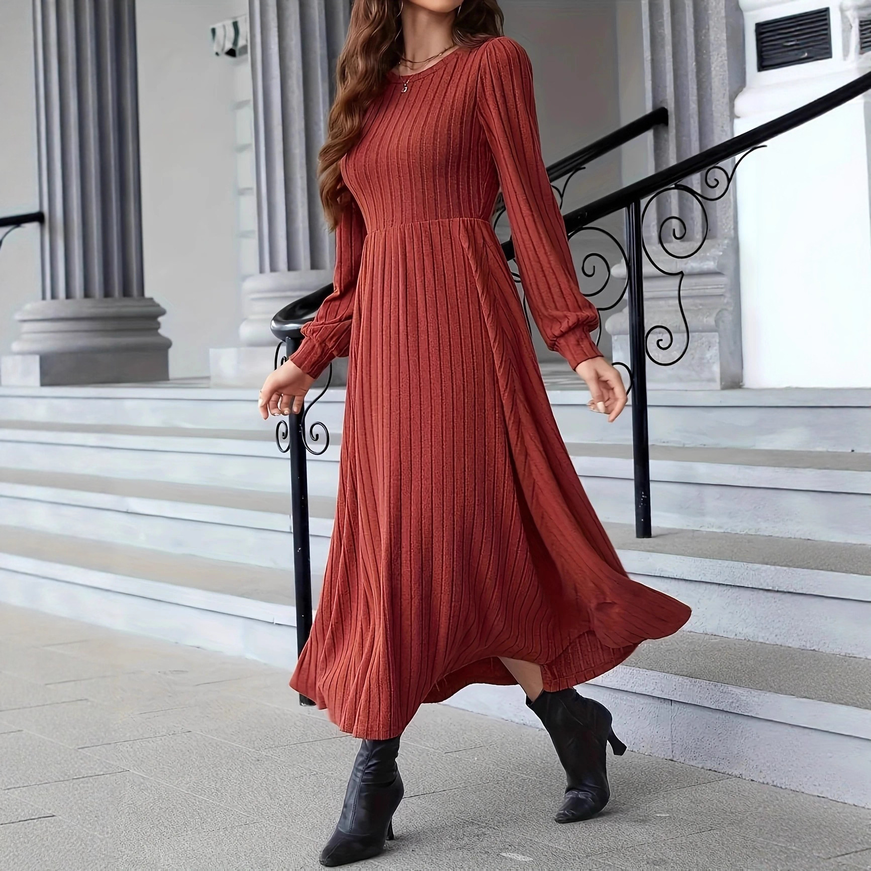 Solid Color Rib Fabric Women's Woolen Dress