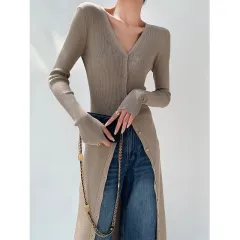 Slim-fit Slimming Elegant Single-breasted Sheath V-neck Knitted Dress - Khaki - View 1