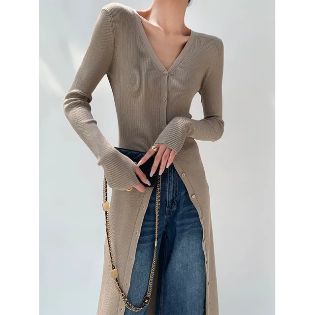 Slim fit Slimming Elegant Single breasted Sheath V neck Knitted Dress Khaki - Shop at LoveMi
