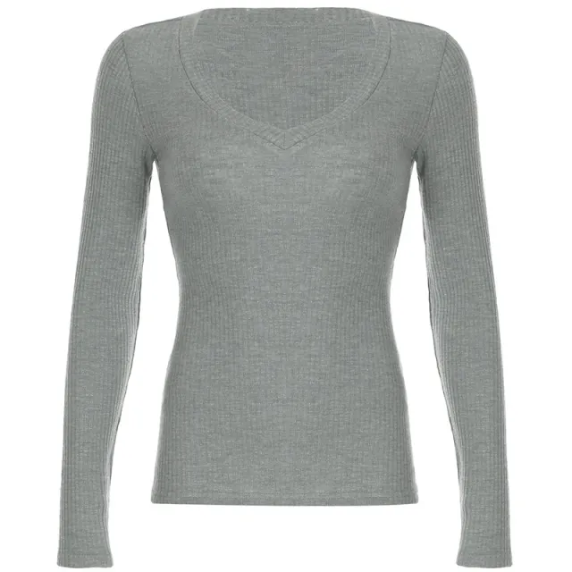American V neck Top Long Sleeve Shoulder T shirt Gray - Shop at LoveMi