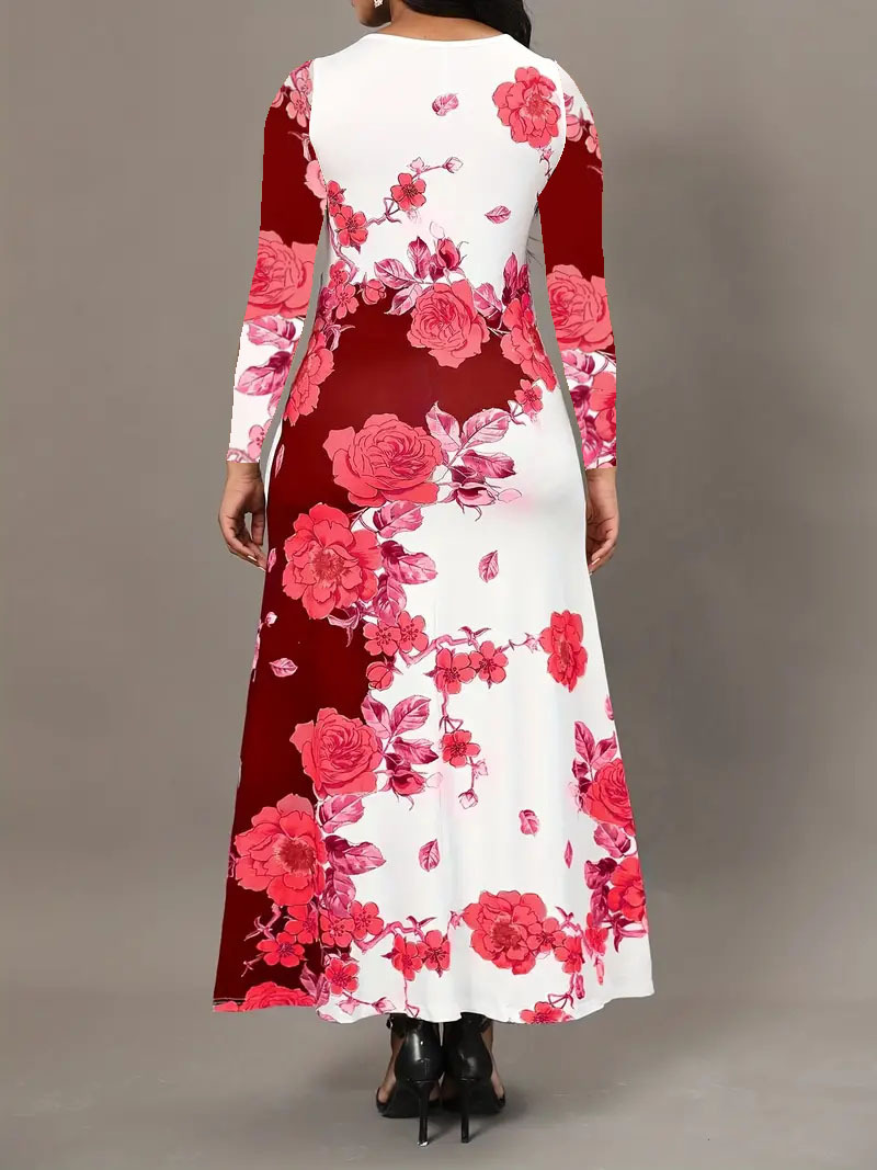 Round Neck Long Sleeve Printed Pocket Waist-controlled Large Hem Dress