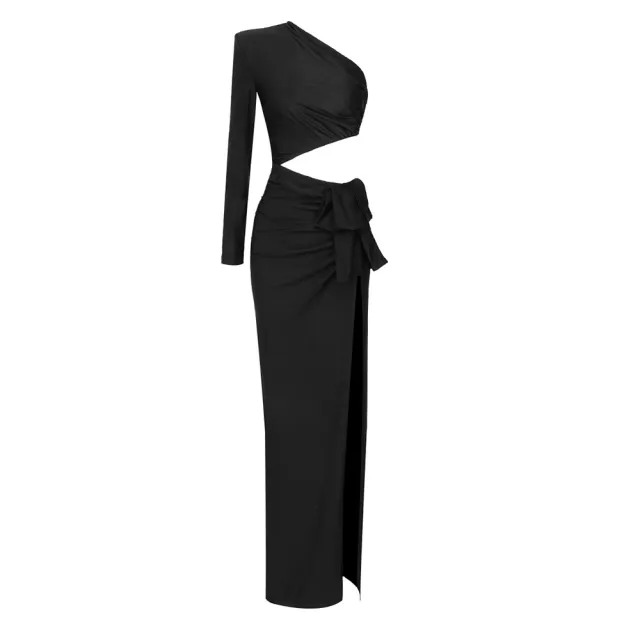 Women's Long Sleeved Hollow Slit Elastic Sloping Shoulder Dress Black - Shop at LoveMi