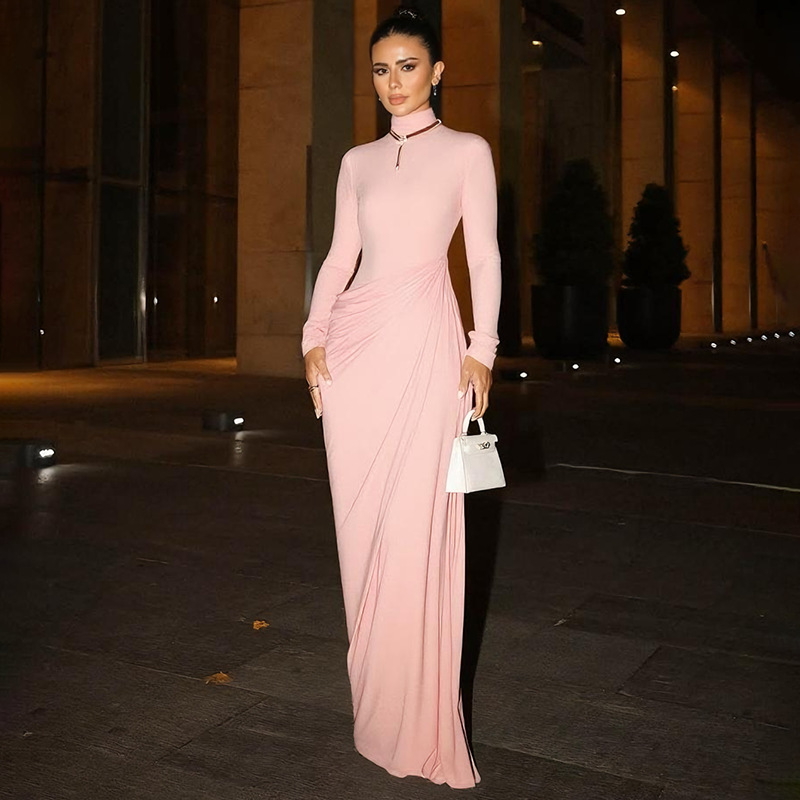 Sexy Slim Fit Backless Button Solid Color Long Sleeve Dress Pink - Shop at LoveMi