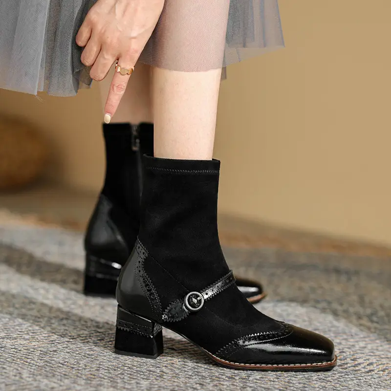 New Autumn Womens Boots Square Toe Chunky Heel Vintage Style