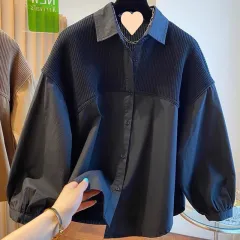 Niche Loose Casual Knitted Stitching Fake Two Pieces Shirts Women - Black - View 1