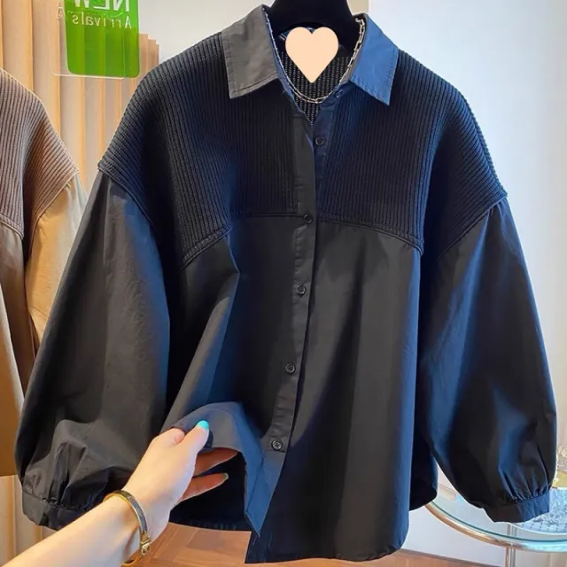 Niche Loose Casual Knitted Stitching Fake Two Pieces Shirts Women Black - Shop at LoveMi