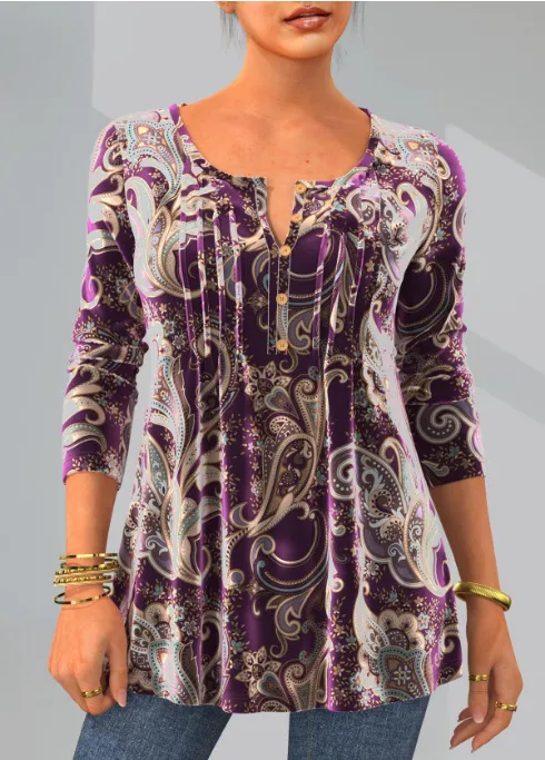 Fashion Print Round Neck Long Sleeve Top Purple - Shop at LoveMi