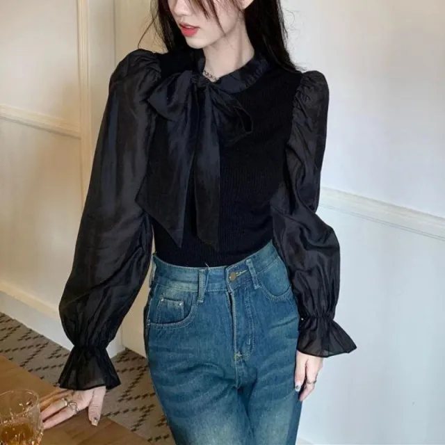 Stand Collar Tie up Slim fit Temperament Wild Stitching Shirt Black - Shop at LoveMi