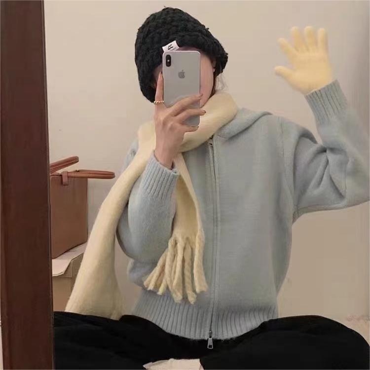 Idle Style Hooded Knit Cardigan Double Zipper Niche Design Cropped Sweater Coat