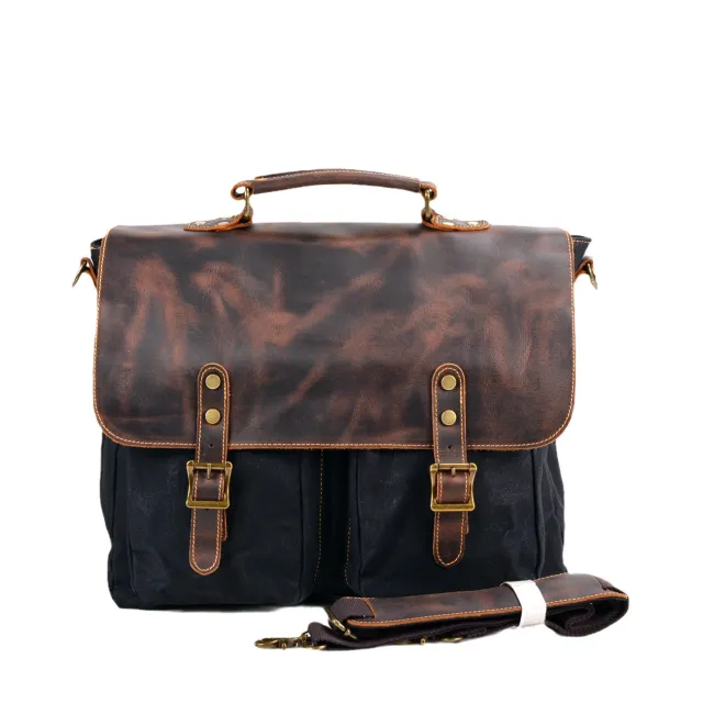 Waterproof Canvas Stitching Leather Briefcase Handbag Black - Shop at LoveMi