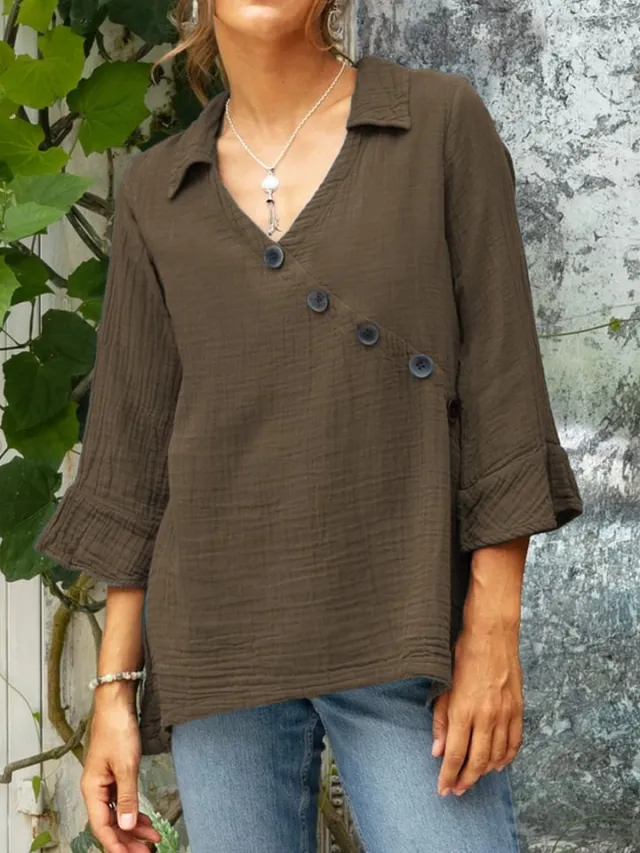 Women's Cotton And Linen Button V neck Shirt Top Brown - Shop at LoveMi