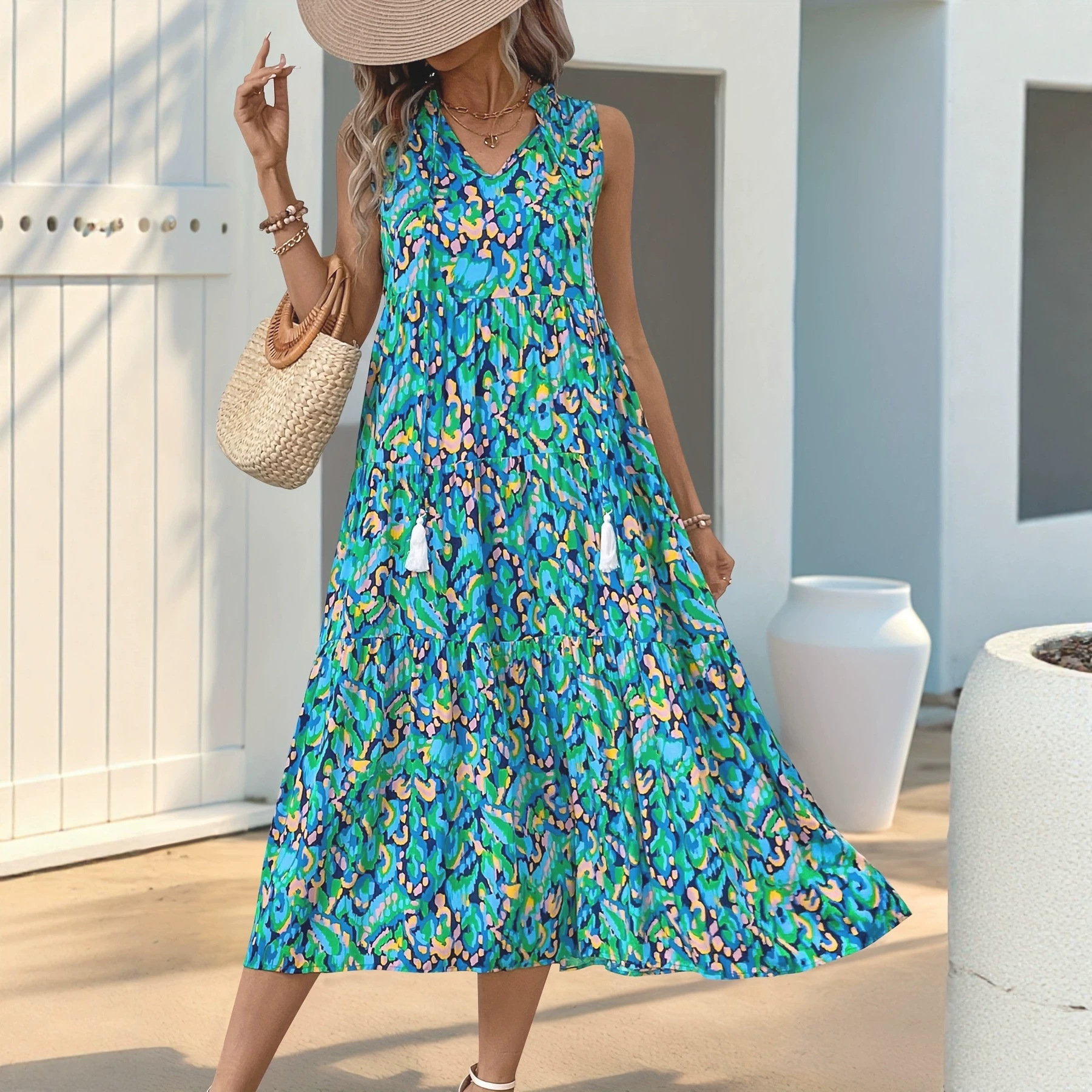 Sleeveless V-neck Tassel Abstract-print Dress