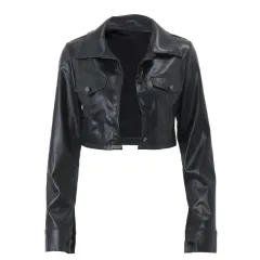 Maillard Style Personality Lapel Breasted Navel PU Leather Cardigan Coat - Black - View 1