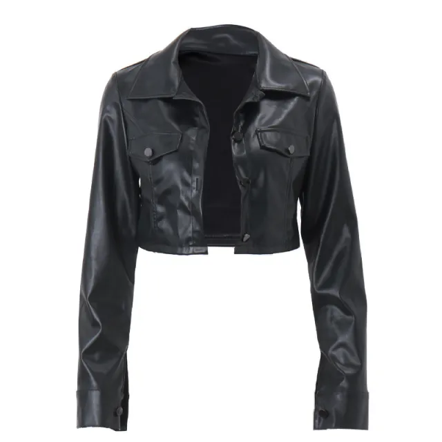 Maillard Style Personality Lapel Breasted Navel PU Leather Cardigan Coat Black - Shop at LoveMi