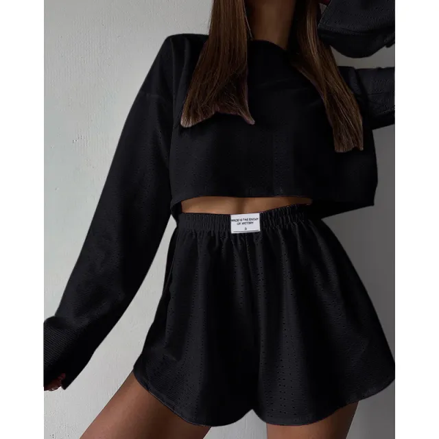 Hollow Long sleeved Suit With Loose Round neck Tops And Elastic Split Shorts Fashion Women's Clothing Black - Shop at LoveMi