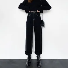 Plus Size Fleece Padded Jeans High Waist Loose Wide Leg Pants - Black White Line - View 1
