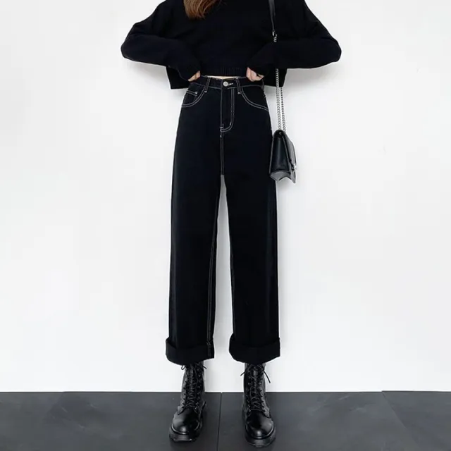 Plus Size Fleece Padded Jeans High Waist Loose Wide Leg Pants Black White Line - Shop at LoveMi