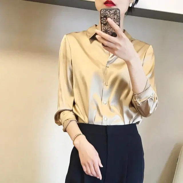 Satin Real Silk Shirt Elegant High end Champagne Gold - Shop at LoveMi