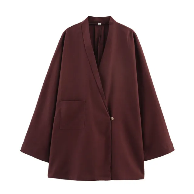 Two color V neck Single Button Coat Waist Wide Leg Trousers Two piece Suit Wine Red - Shop at LoveMi