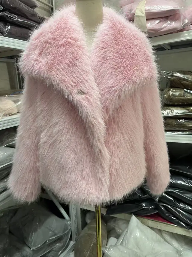 Women's Pure Color Versatile Faux Fur Collar Long Sleeve Coat Plus Size Outerwear Pink - Shop at LoveMi