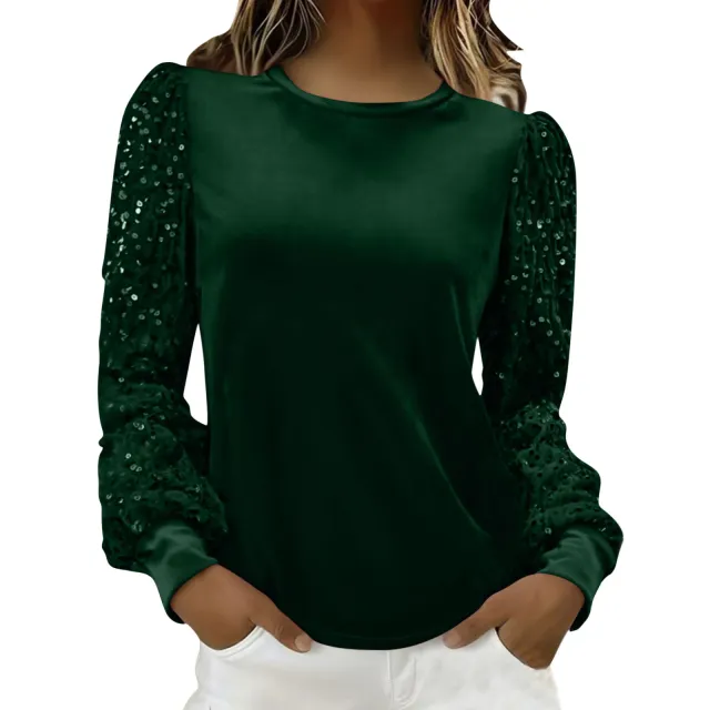 Velvet Crew Neck Sequin Patchwork Long Sleeve T Shirt Top Green - Shop at LoveMi