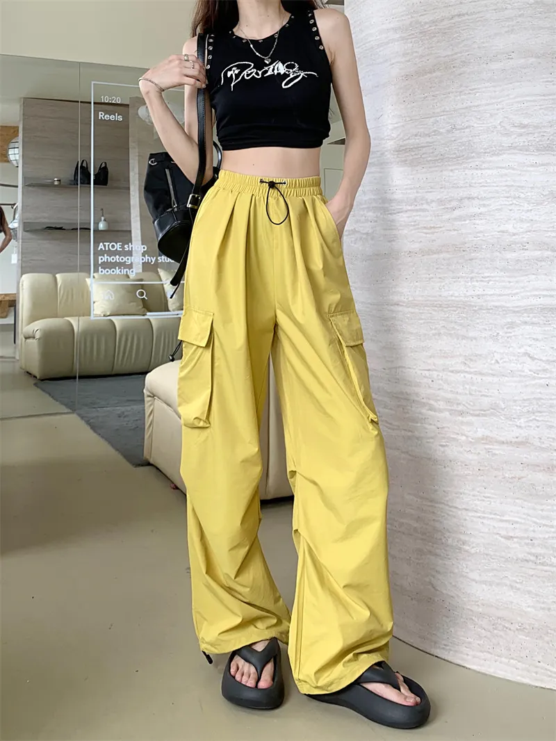 Workwear Pants Women's Thin High Waist Wide Leg Trousers - Yellow