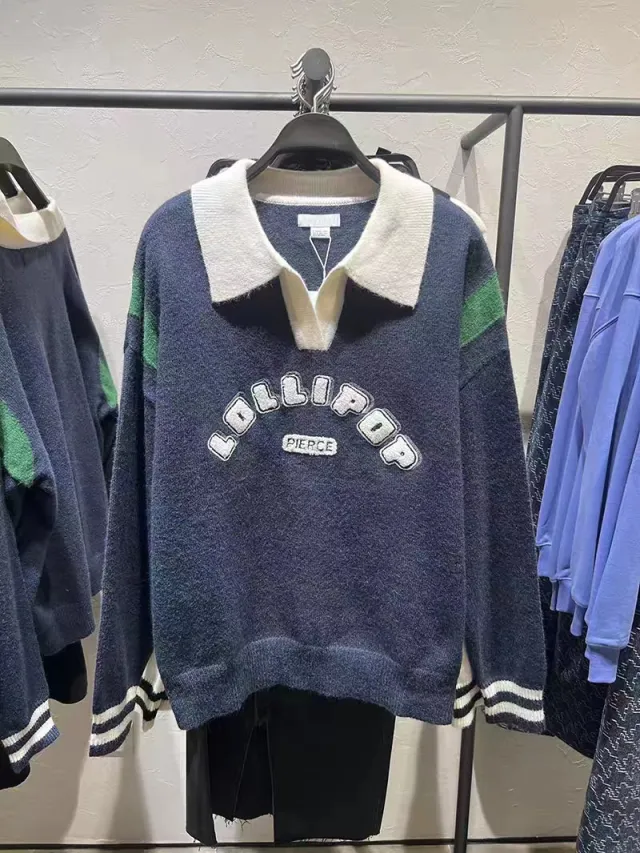 Sweater Comfort And Casual V collar Preppy Style Navy Blue - Shop at LoveMi