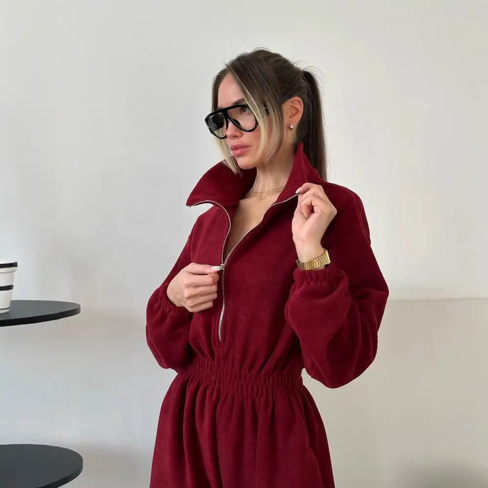 Long Sleeve Jumpsuit Women's Casual Half Cardigan Elastic Waist Suit