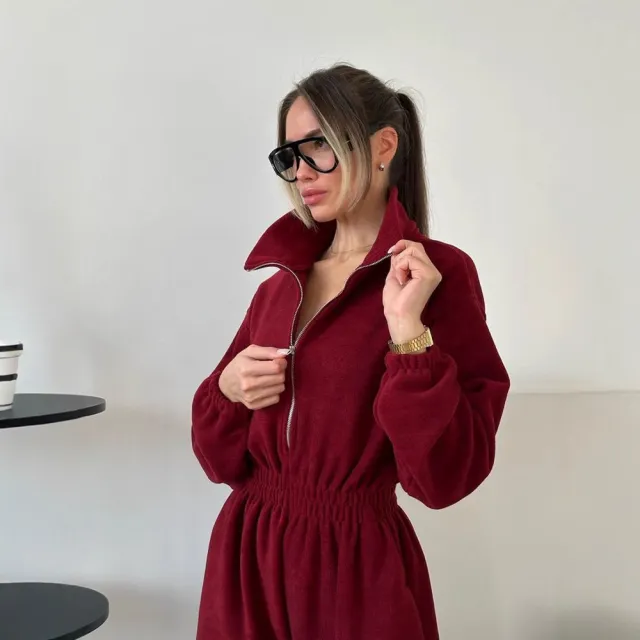 Long Sleeve Jumpsuit Women's Casual Half Cardigan Elastic Waist Suit Red - Shop at LoveMi