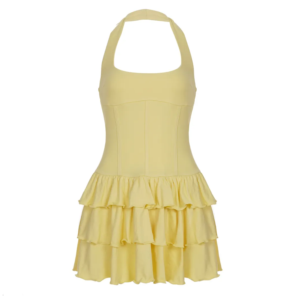 Backless Sports Neck-hanging Cake Dress Women - Yellow
