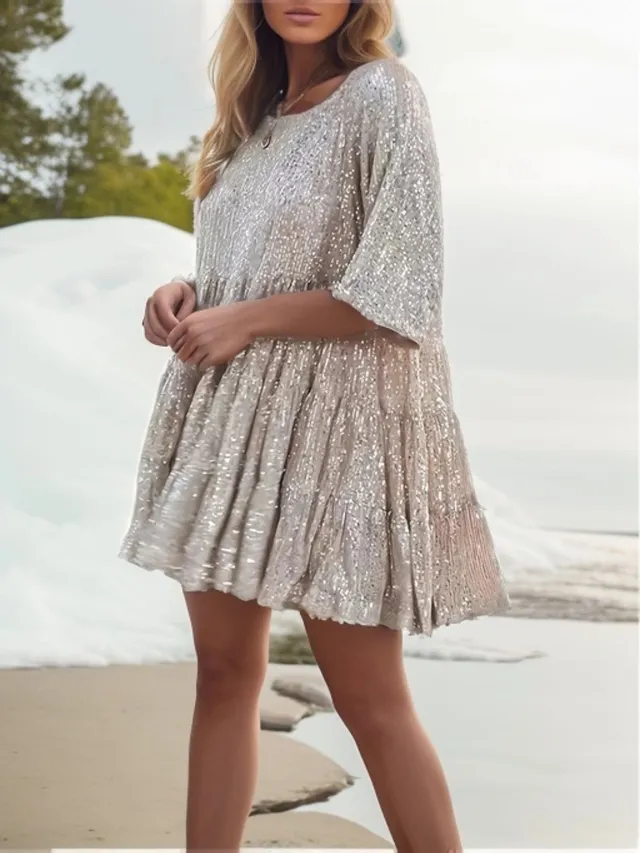 Fashionable Sequins Round Neck Loose Waist Short Sleeves And Skirt Dress Champagne - Shop at LoveMi