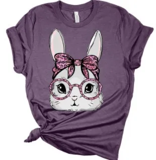 Easter New Flower Cartoon Printed Short Sleeve Rabbit T shirt Purple - Shop at LoveMi