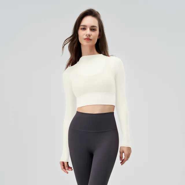 Exercise Mesh Slimming T shirt Women's Summer Round Neck Quick drying Long Sleeve Sexy Thin Long Sleeve Yoga Clothing Top Ivory White - Shop at LoveMi