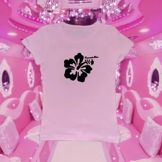 Flower Letter Printed Casual Short Sleeve Pink - Shop at LoveMi