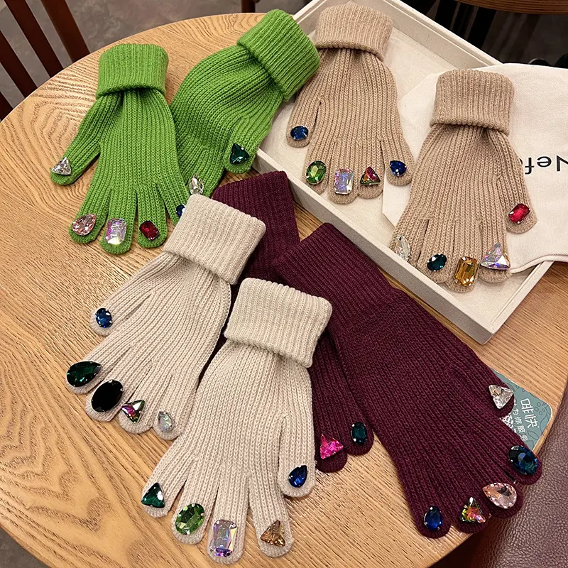 Rhinestone Touch Screen Open Finger Knitted Gloves