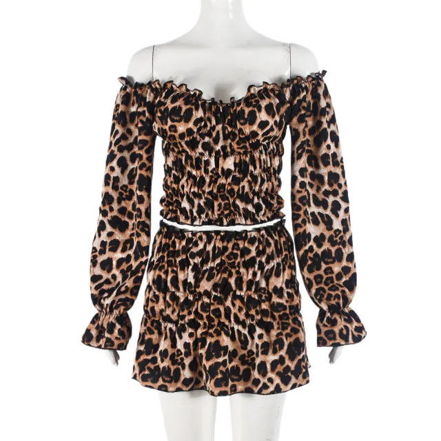 Autumn And Winter Show Navel Leopard Print Long Sleeved Short Skirt Two piece Set Leopard - Shop at LoveMi