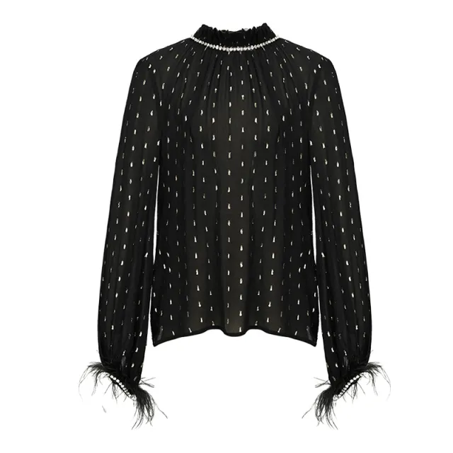 Women's Black Autumn Niche Gold Silk Long sleeved Shirt Black - Shop at LoveMi