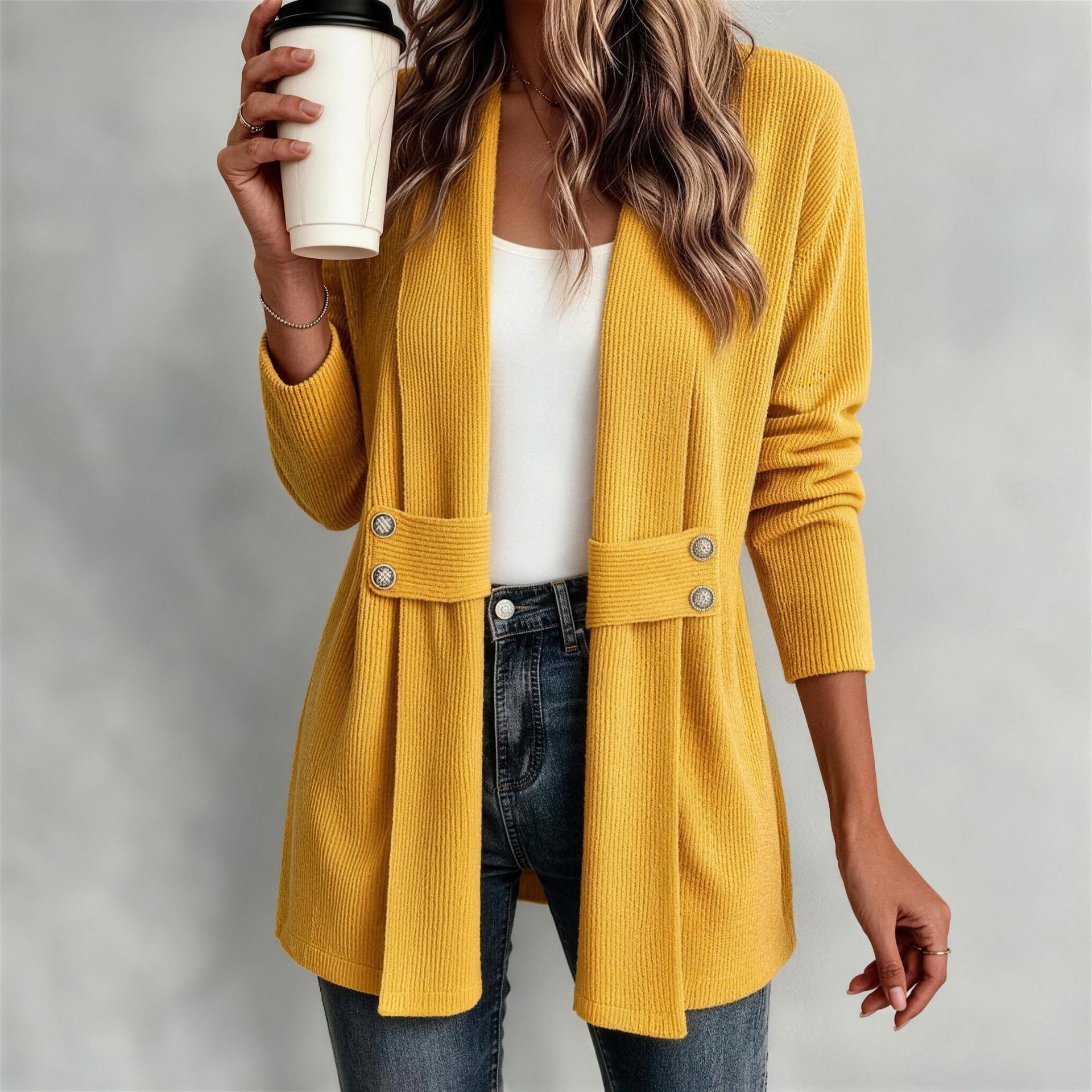Women's casual jacket – gold colorway long sleeve knit detail